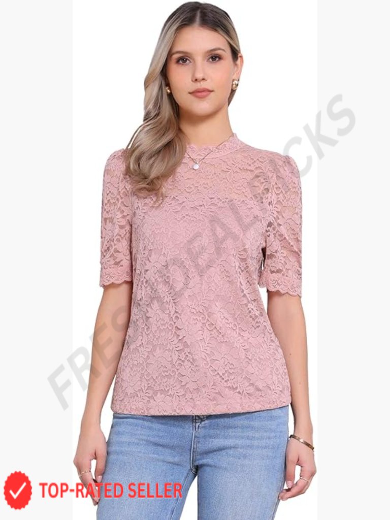 Lace Blouse Mock Neck Puff Sleeve Elegant Floral Dressy Casual Top